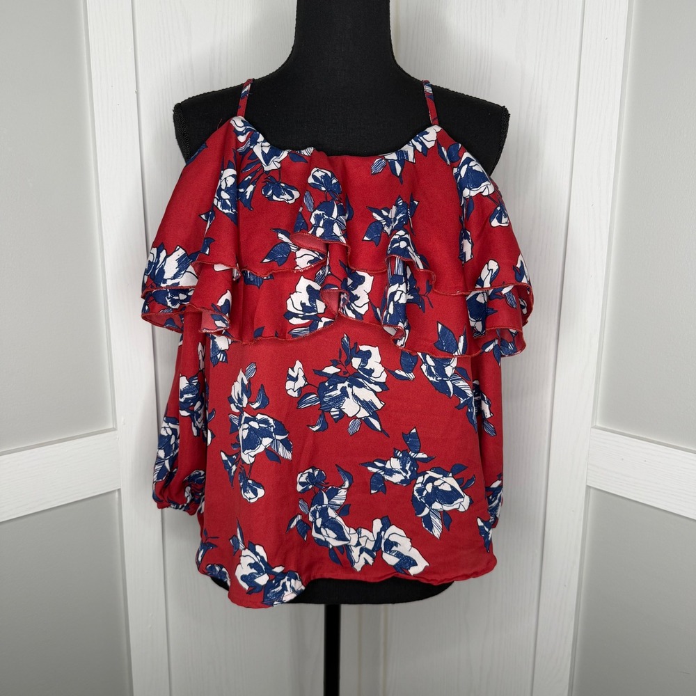 Japna Cold Shoulder Blouse Womens Size S Red Floral Ruffle Adjustable Straps